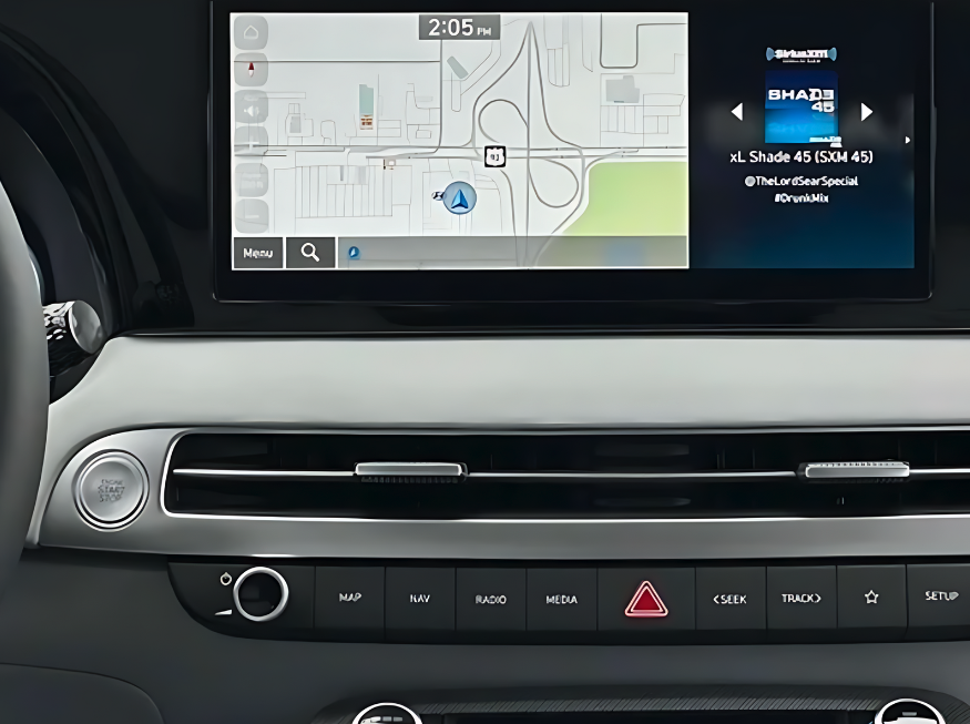 Close-up of Hyundai infotainment screen displaying navigation map and SiriusXM Shade 45 radio in a modern vehicle dashboard
